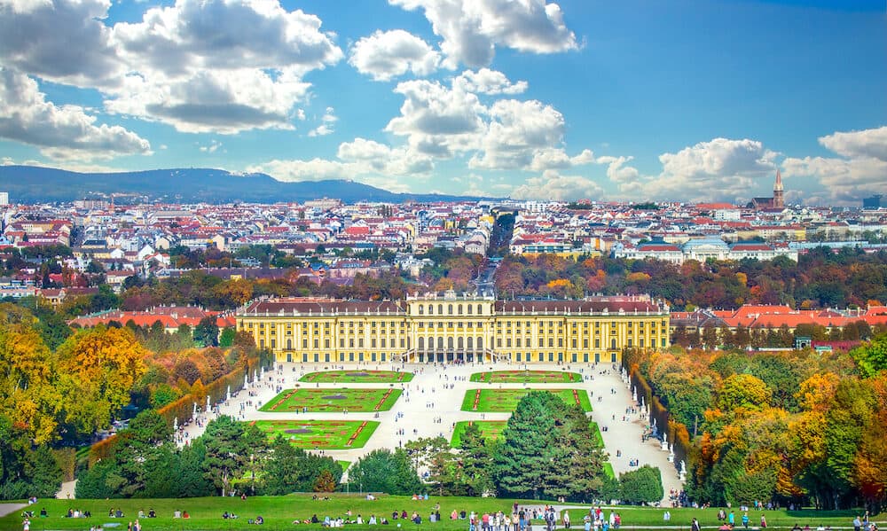 Vienna/ Austria - Autumn view at Schonbrunn Palace (Schloss Schoenbrunn), imperial summer residence and Great Parterre garden.