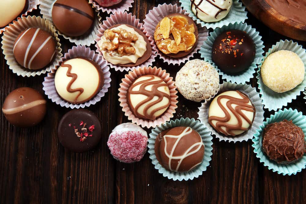 a lot of variety chocolate pralines, belgian confectionery gourmet chocolate for valentines day