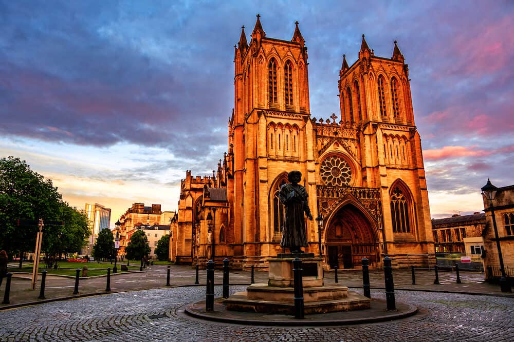 Bristol, UK. Cathedral in Bristol, UK in the evening. Sunset with colorful cloudy sky