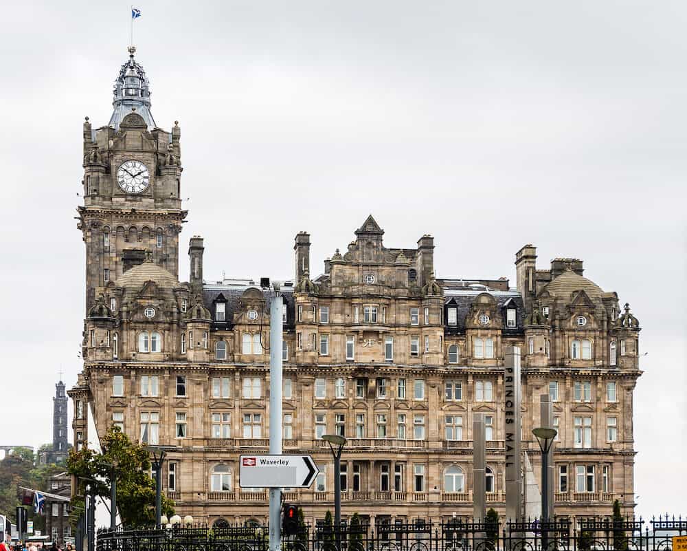 EDINBURGH SCOTLAND - The Balmoral imposing luxury hotel in Princes Street close to Waverley Station. This historic building began as grand railway hotel more than a century ago.