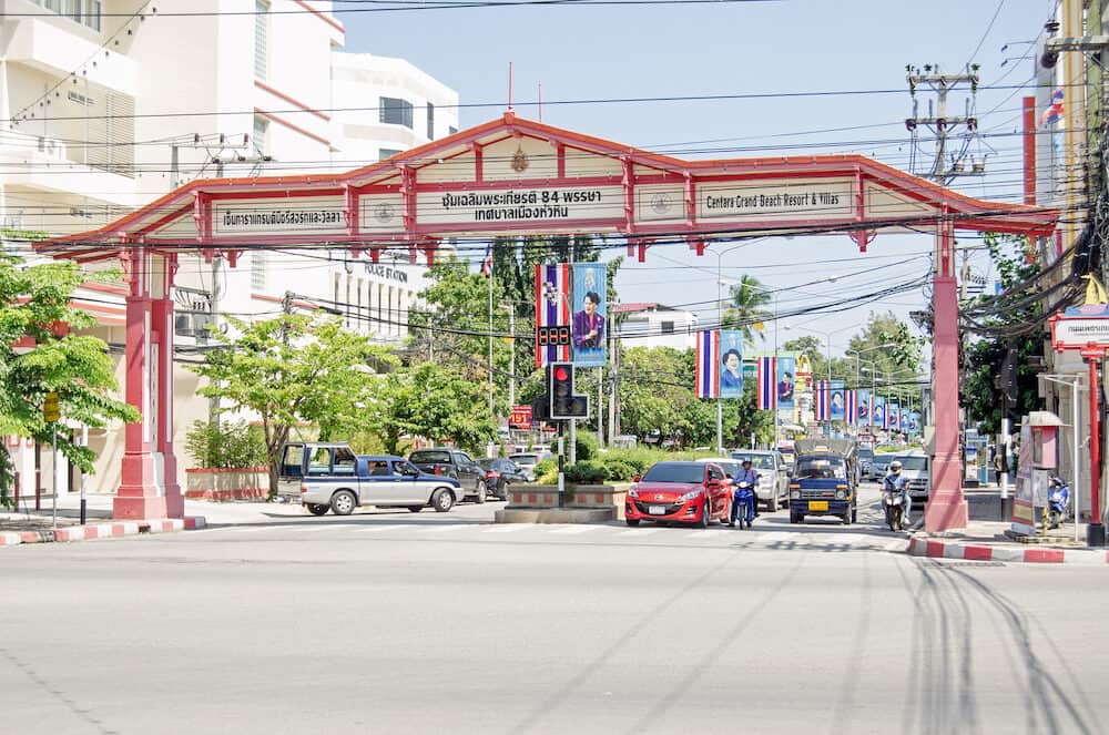 HUA HIN, THAILAND - Traffic waiting at a main junction in the centre of Hua Hin, Southern Thailand. The seaside town is popular with Bangkok residents for weekend breaks.