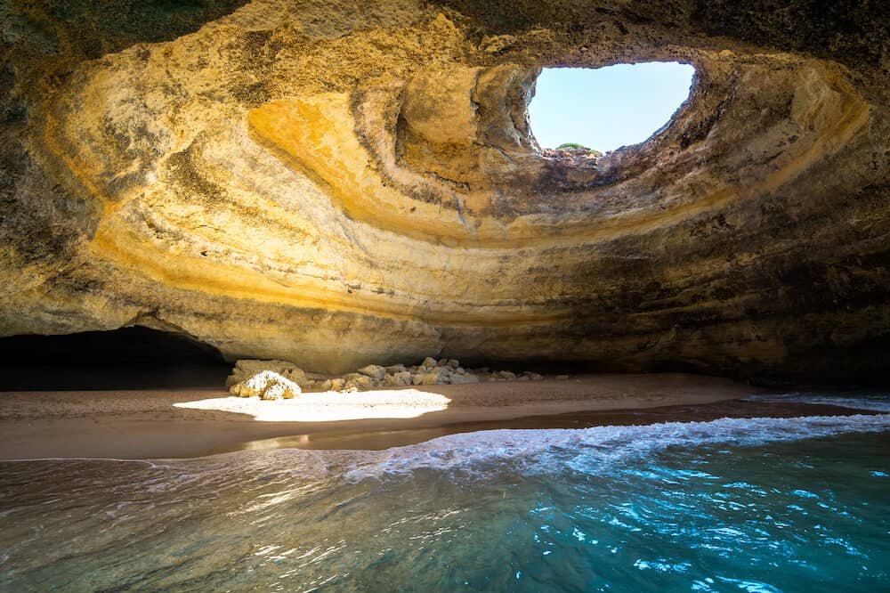 Inside view of the Benagil Sea Cave on Praia de Benagil, Benagil Beach Algarve Portugal.