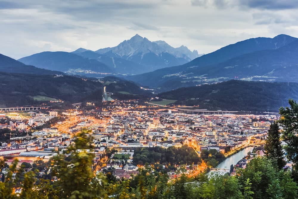 Inn Valley as seen from Nordkette mountain and ski area in Tyrol region nord of Innsbruck in western Austria.