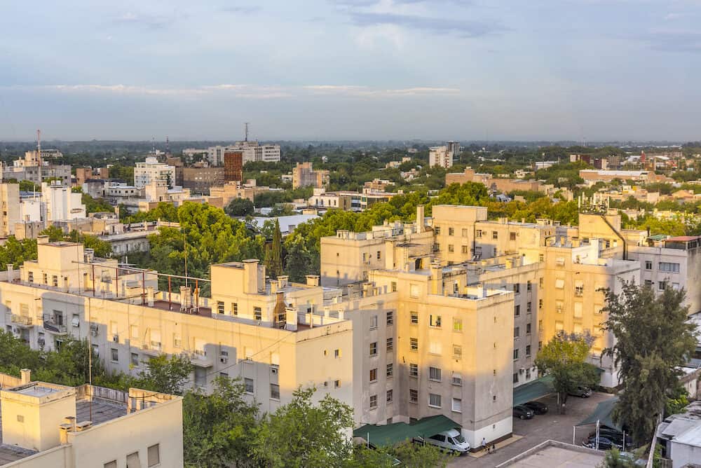 skyline of Mendoza in Argentina under blue sky