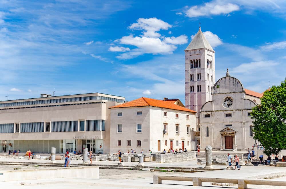ZADAR, CROATIA - St. Donat church, forum and Cathedral of St. Anastasia bell tower in Zadar, Croatia