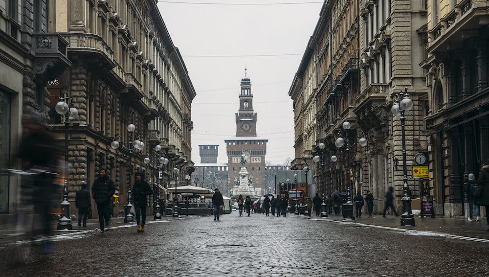 Milan, Italy -Unusually cold and snowy weather due to a phenomenon called Beast from the East strikes Milan, Lombardy, Italy - Castello Sforzesco as seen from Via Dante
