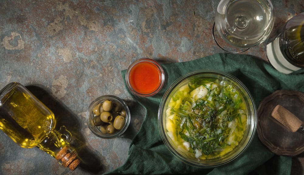 Portuguese soup Caldo Verde on the stone horizontal