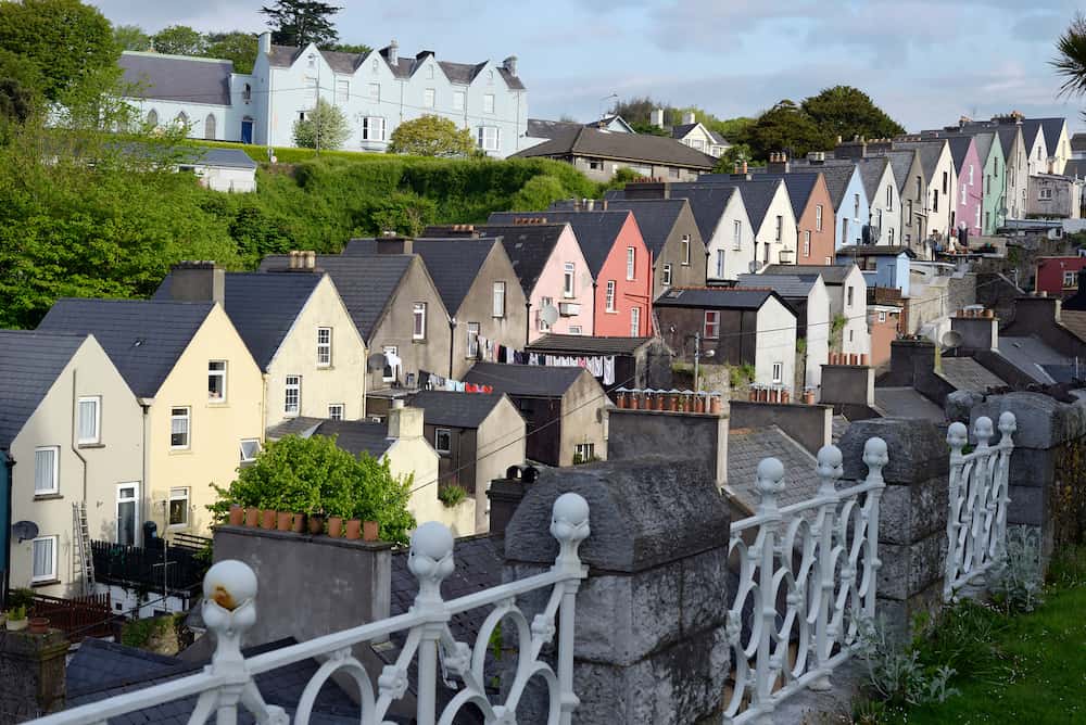 view of Cobh town houses in County Cork Ireland from the Caterdral