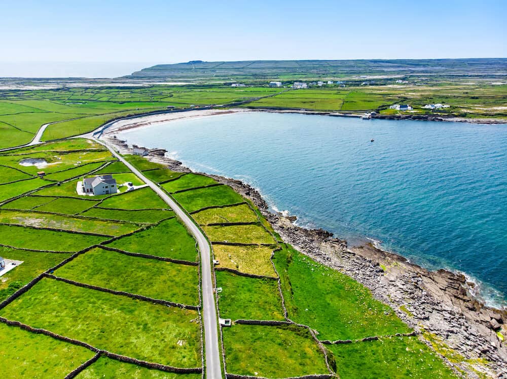 Aerial view of Inishmore or Inis Mor, the largest of the Aran Islands in Galway Bay, Ireland. Famous for its strong Irish culture, loyalty to the Irish language, and a wealth of ancient sites.
