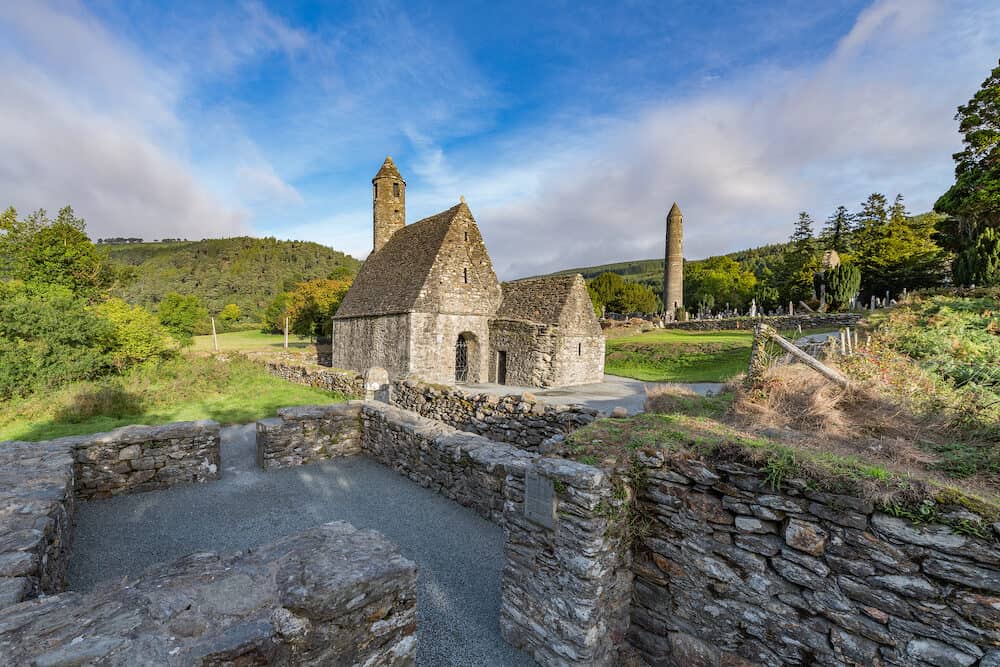 Glendalough is a village with a monastery in County Wicklow, Ireland. The monastery was founded in the 6th century by saint Kevin, hermit and priest, destroyed in 1398 by the English army.
