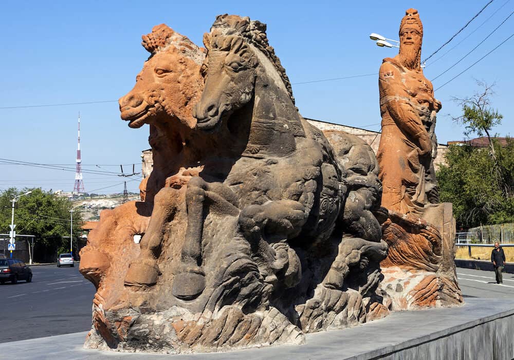 YEREVAN, ARMENIA - :King Argishtis I statue at Erebuni fortress in YerevanArmenia.Sculptor Tokmajyan, Architect Baroyan, 2002.