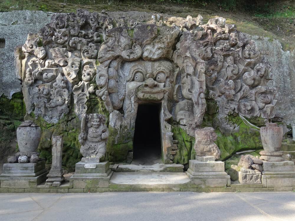 Gianyar, Bali, Indonesia - : The beautiful decorated entrance door of the Goa Gajah temple in Ubud Bali