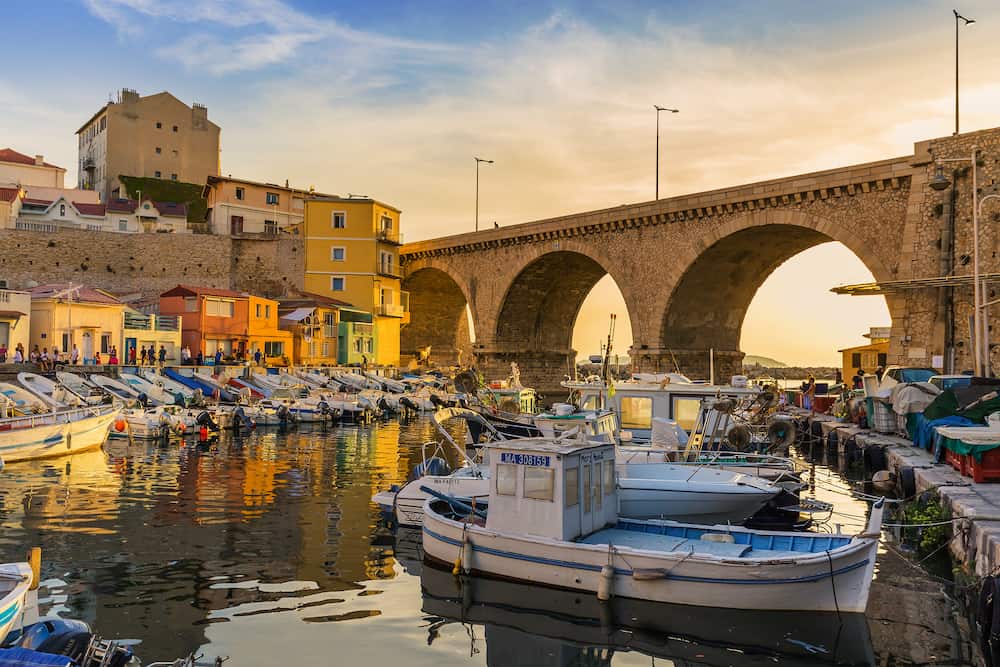 Marseille, France - Fishing boats in harbor Vallon des Auffes.