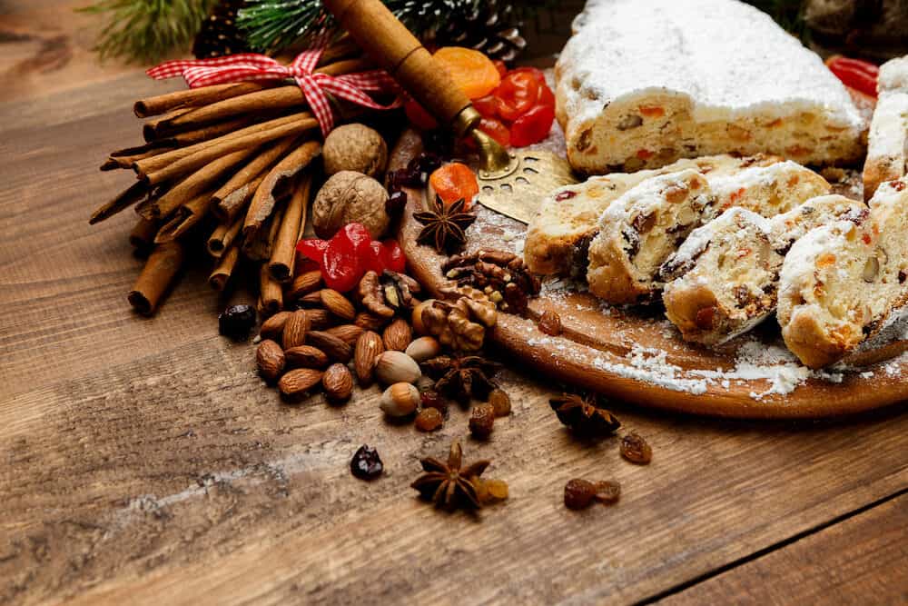 traditional German cake with raisins Dresdner stollen. Christmas treat