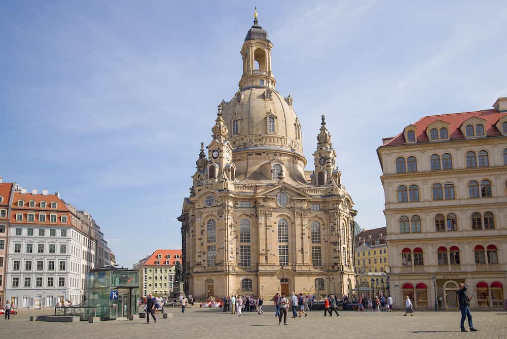DRESDEN, GERMANY - View of the Church of the Virgin (Frauenkirche) on a sunny April day