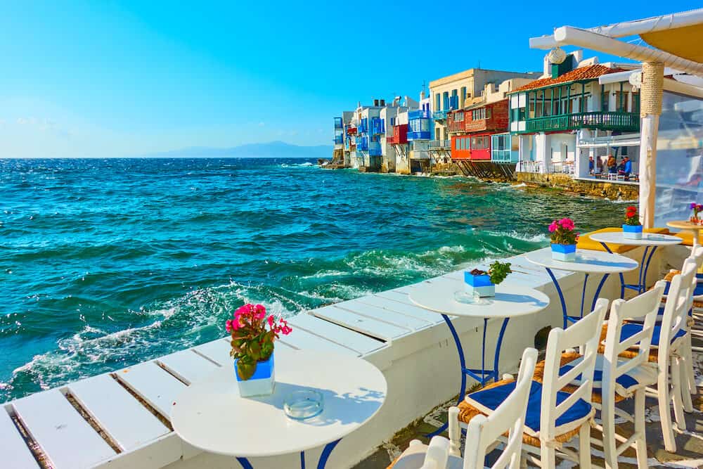 Small cafe by the sea next to The Little Venice district in Mykonos Island, Greece