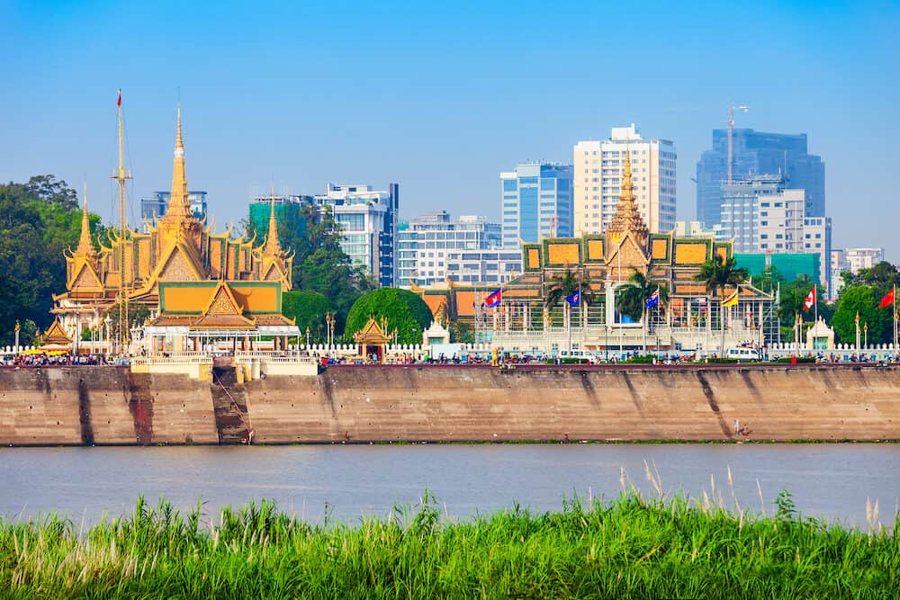 Phnom Penh city skyline and Tonle Sap River. Phnom Penh is the capital and largest city in Cambodia.