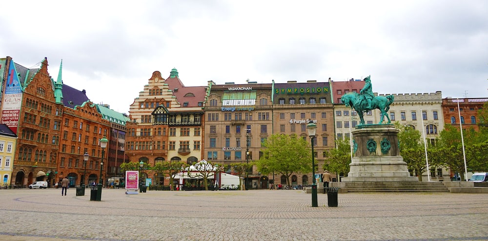 MALMO, SWEDEN - panoramic banner of Stortorget square with the equestrian statue of King Karl X Gustav, Malmo, Sweden