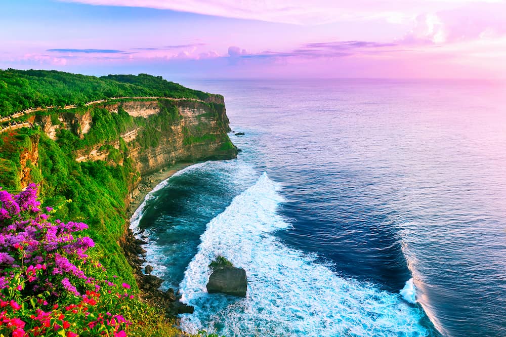 View of Uluwatu cliff with pavilion and blue sea in Bali Indonesia