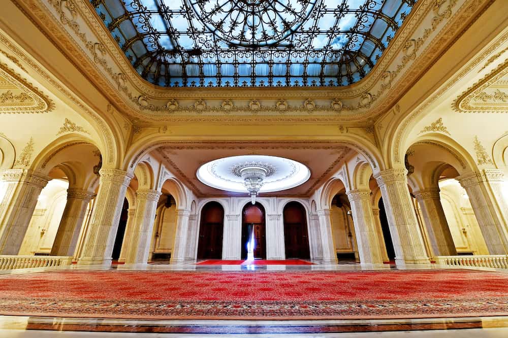 Interior shot with the Palace of Parliament in Bucharest. The People's Palace was built by communist dictator Nicolae Ceausescu during the 1980's.