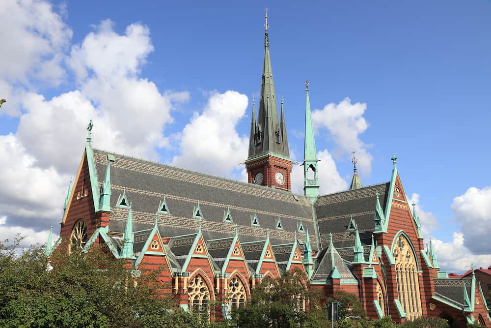 Gothenburg city in Sweden. Olivedal district landmark - Oscar Fredriks Kyrka (Oscar Fredrik Church). Neo Gothic architecture style.