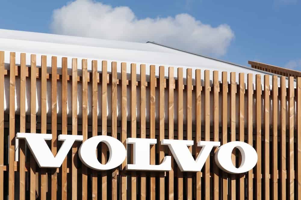 Volvo logo on a wall. Volvo is a Swedish premium automobile manufacturer established in 1927 in Gothenburg, Sweden