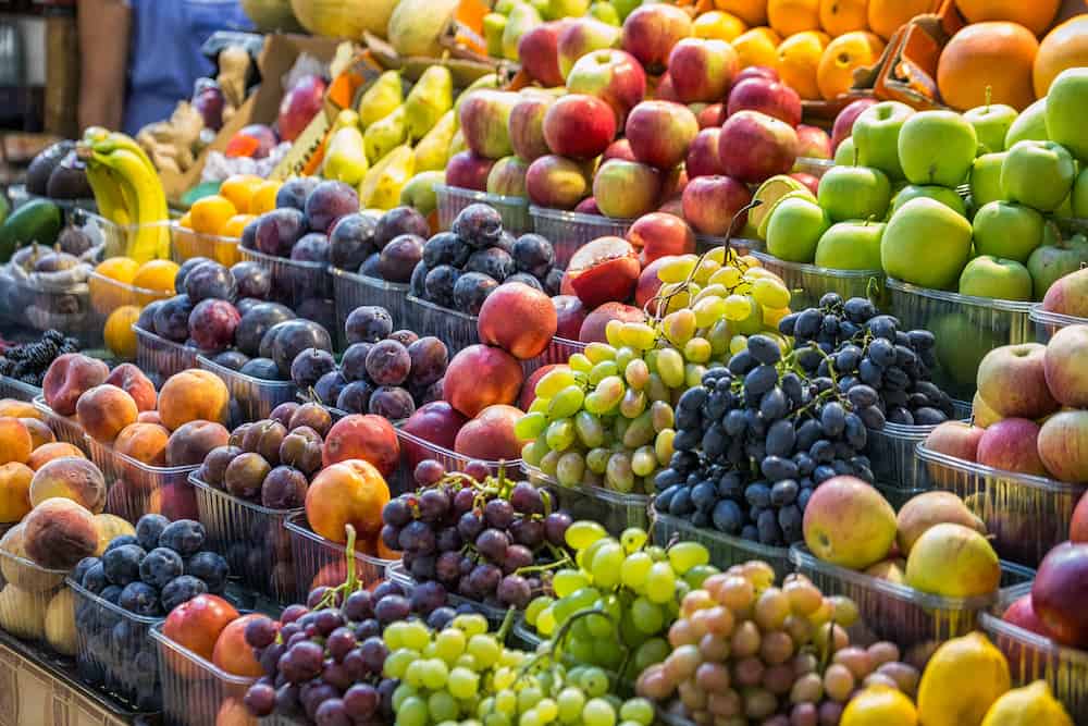 Fresh fruit assortment at Besarabsky Market Kiev, Ukraine.