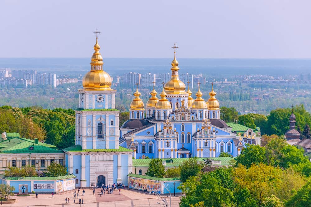 View of St. Michael's Golden-Domed Monastery from the Bell Tower of Saint Sophia Cathedral. Kiev. Ukraine