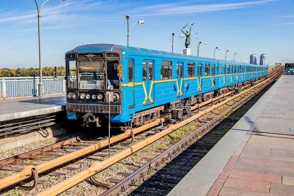 a train with passengers of the Kiev Metro at the station Kiev, Ukraine