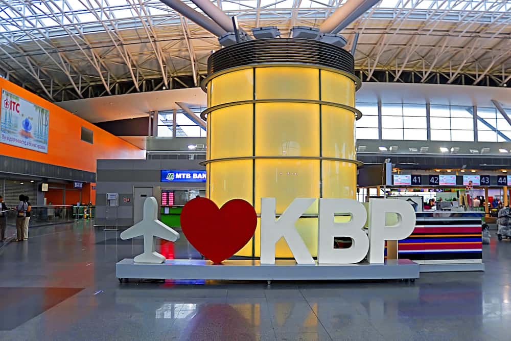 BORYSPIL, UKRAINE - Sign "I love KBP" in airport Boryspl