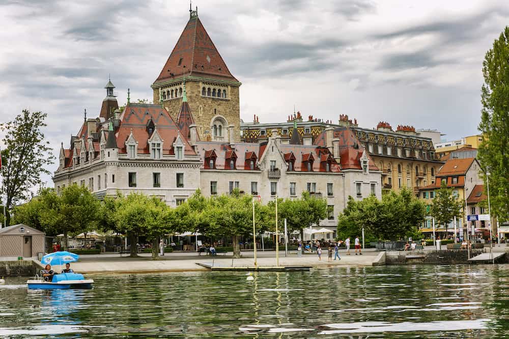 Lausanne, Switzerland, Luxury hotel on Lake Leman. Bright sunny summer day.