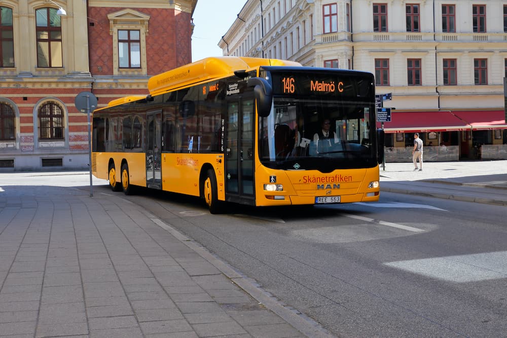 Malmo, Sweden - Yellow public transportation bus in service for Skanetrafiken on line 146.