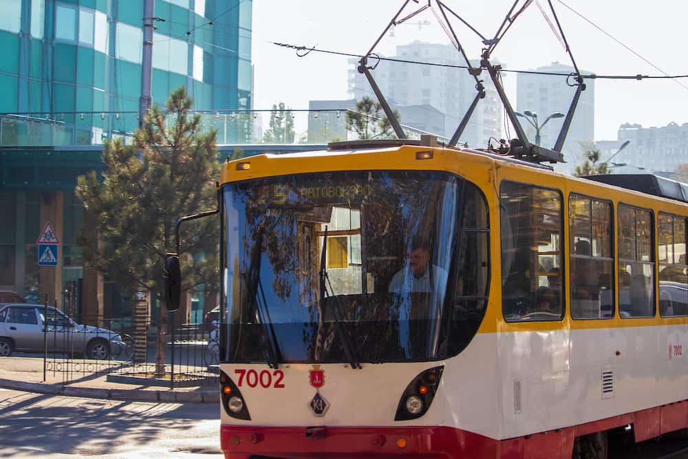 Ukraine, Odessa - - City tram number 5 plying in the resort area by the sea