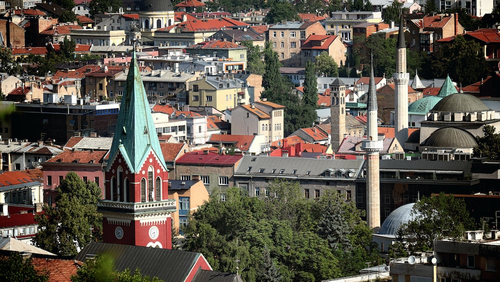skyline Sarajevo Old Town with bell towers and minarets, Bosnia And Herzegovina