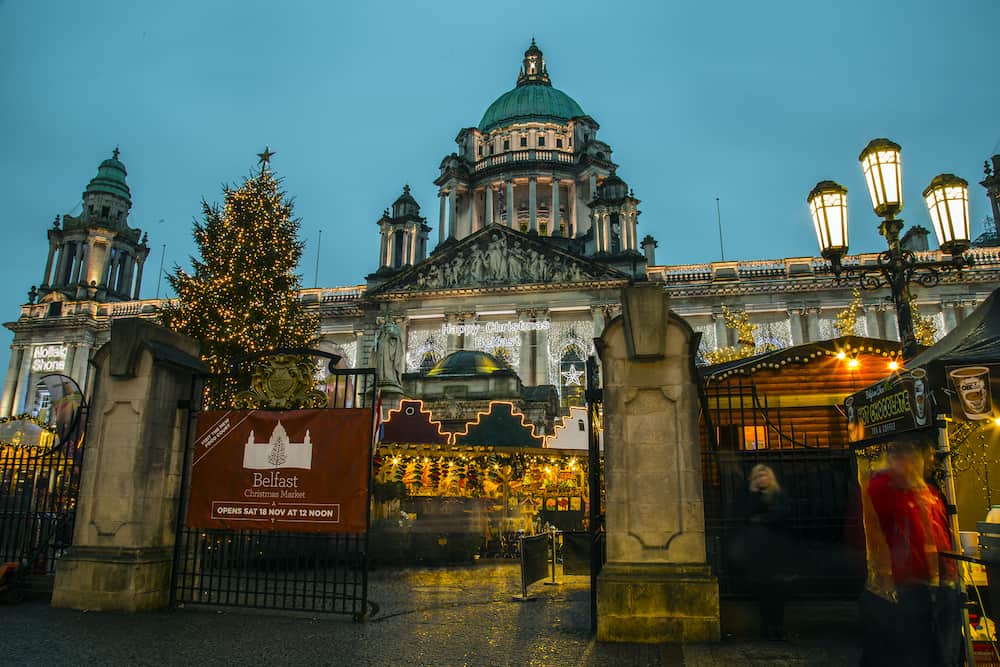 Belfast Northern Ireland - Christmas market at Belfast city hall. A traditional festive market held yearly in the city hall gardens attracting many visitors