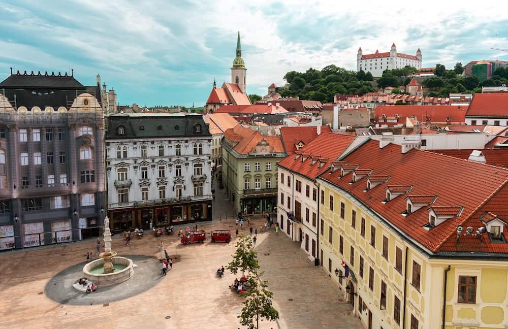 Aerial view of Bratislava old town: Bratislava Castle, Main Square and St. Martin's Cathedral