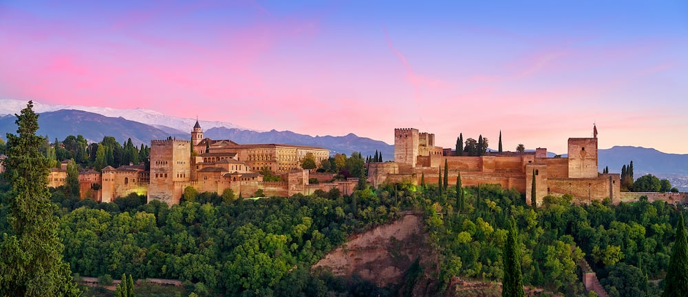Alhambra fortress sunset in Granada of Spain at andalusian