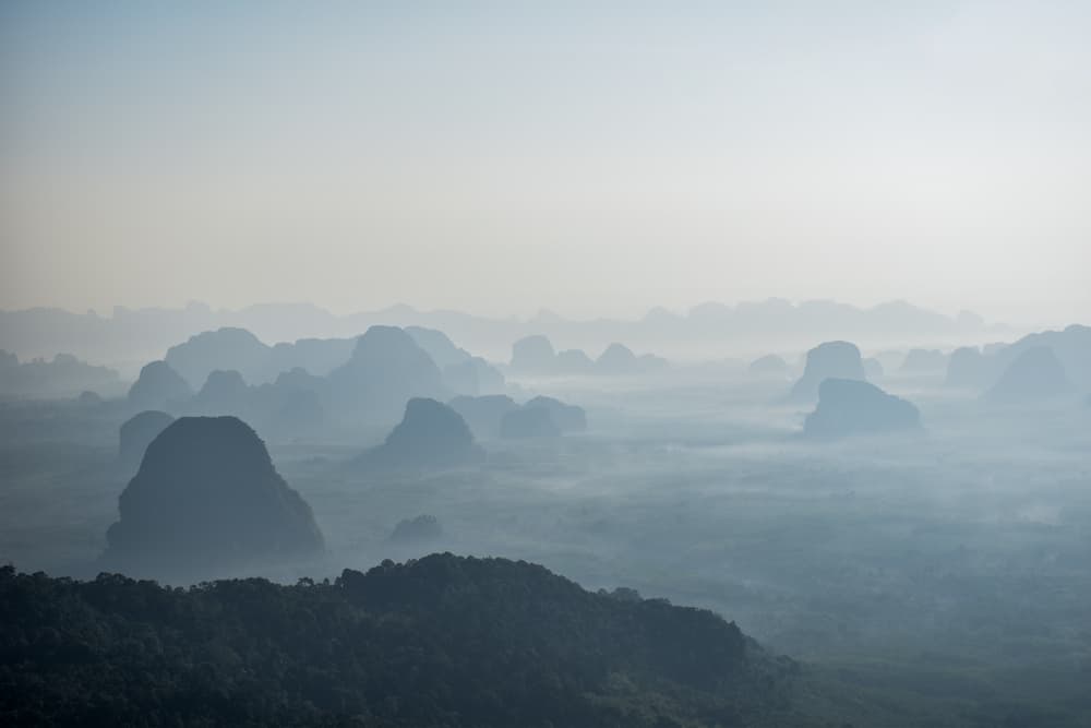 beautiful mountains layer in the morning mist for background Khao Ngon Nak or Dragon Crest mountain Krabi