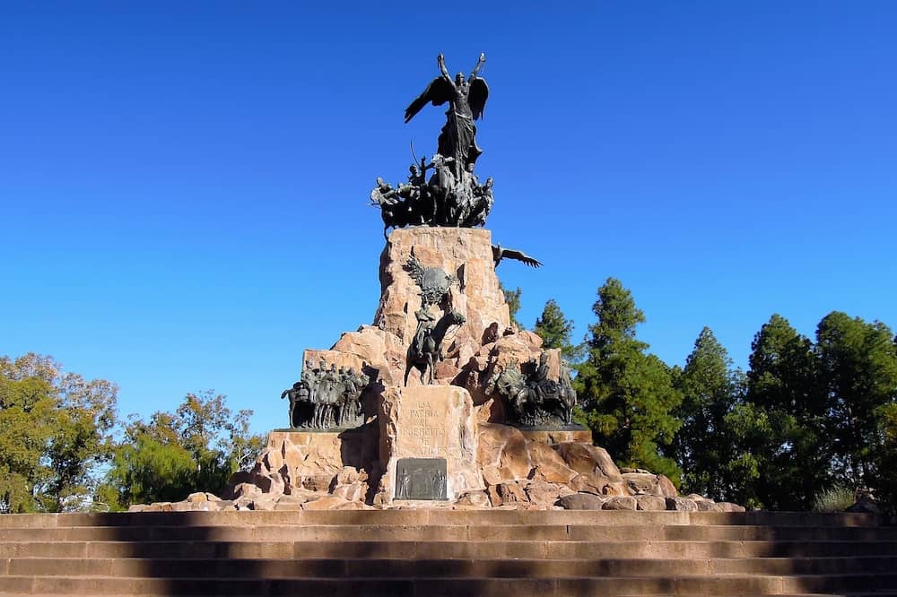 Long shot of the monument on top of the hill Cerro de la Gloria in Mendoza Argentina South America
