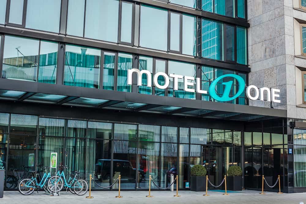 MUNICH, GERMANY - Motel One logo at hotel building located in Munich, Germany