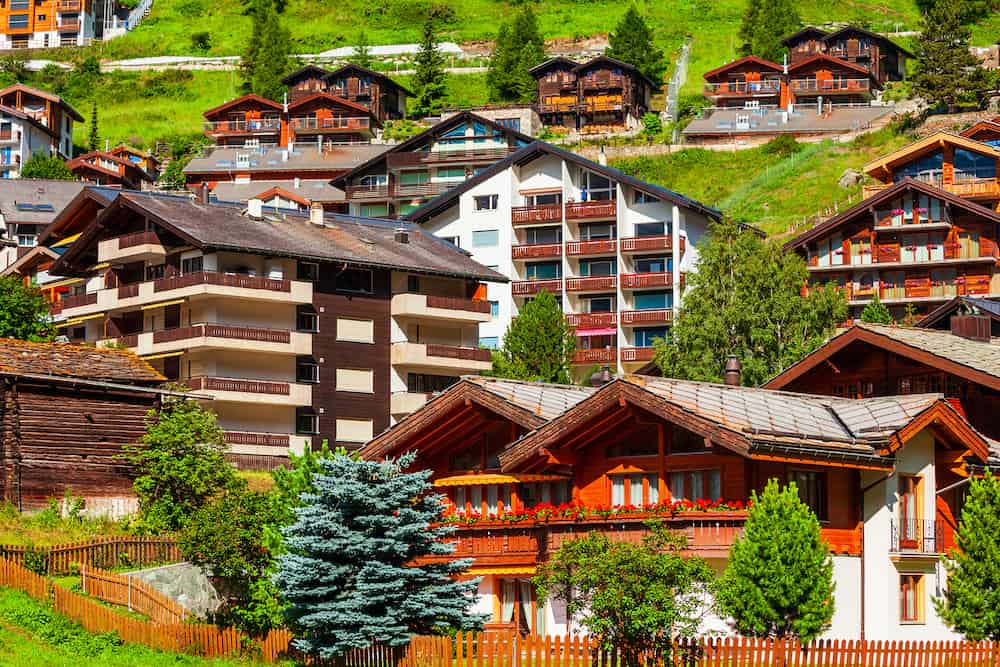 Traditional local houses in the centre of Zermatt town in the Valais canton of Switzerland
