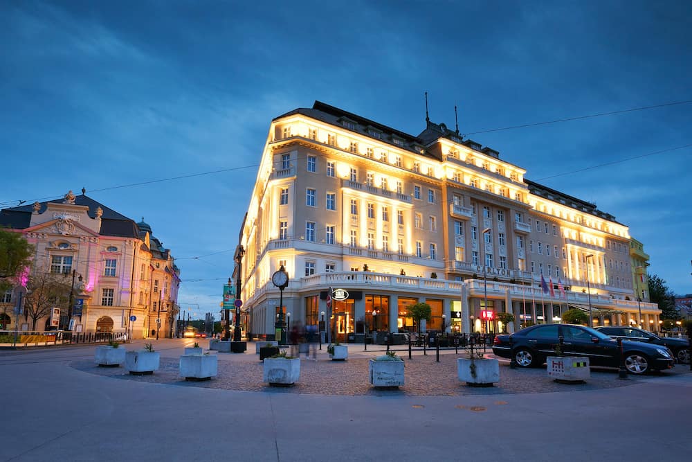 BRATISLAVA, SLOVAKIA - Carlton hotel and Slovak philharmony in Hviezdoslav square in the old town of Bratislava