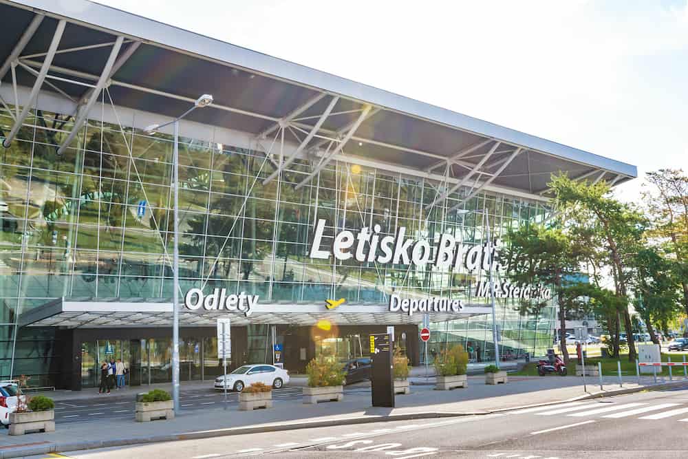 BRATISLAVA, SLOVAKIA - entrance into Departure hall of Bratislava airport terminal with big letter sign "M. R. Stefanik Airport Bratislava" (Slovakia)