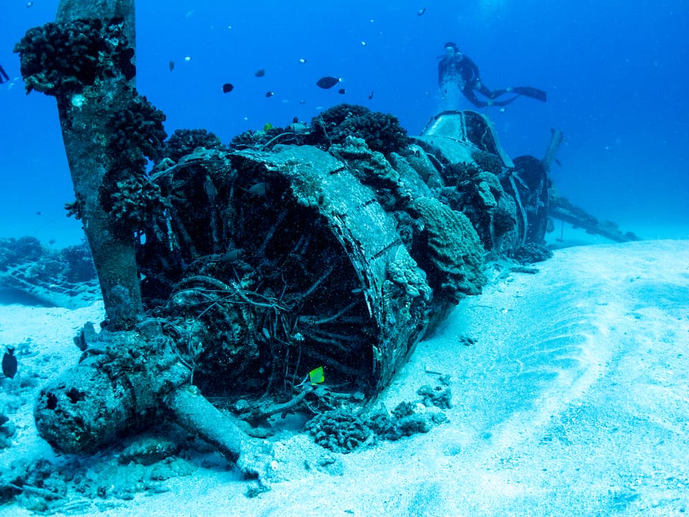 Corsair plane Wreck from World War 2 - Scuba diving in Oahu, Hawaii