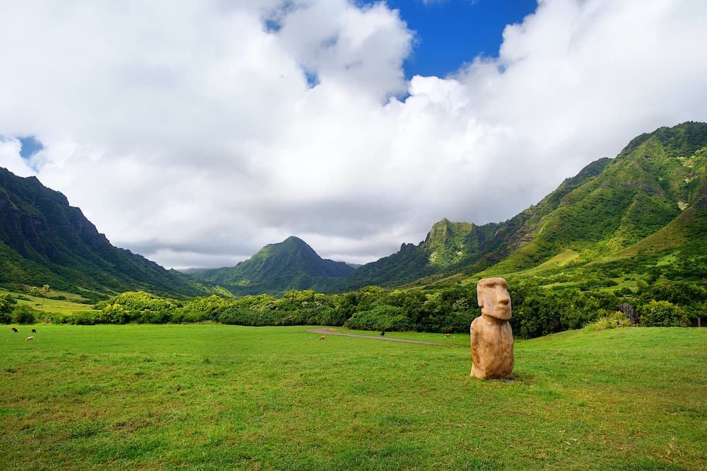 Easter island head on Kualoa Ranch Oahu Hawaii
