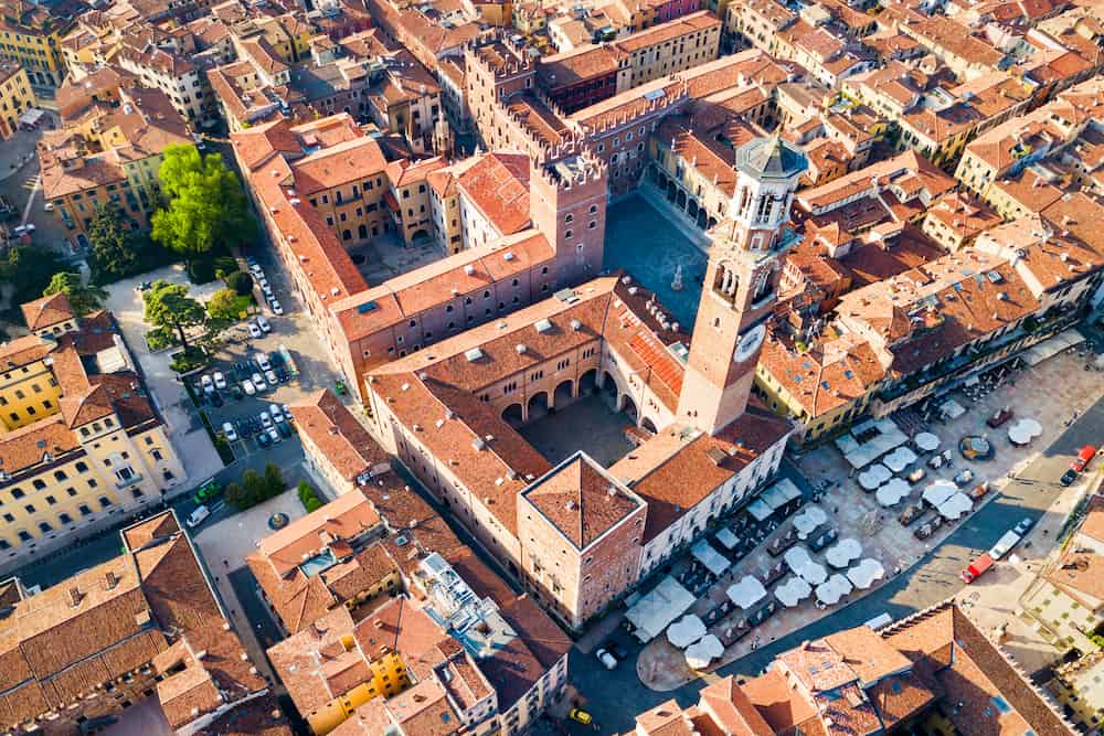 Torre dei Lamberti aerial panoramic view. Torre Lamberti is tower in Piazza delle Erbe square in Verona, Veneto region in Italy.