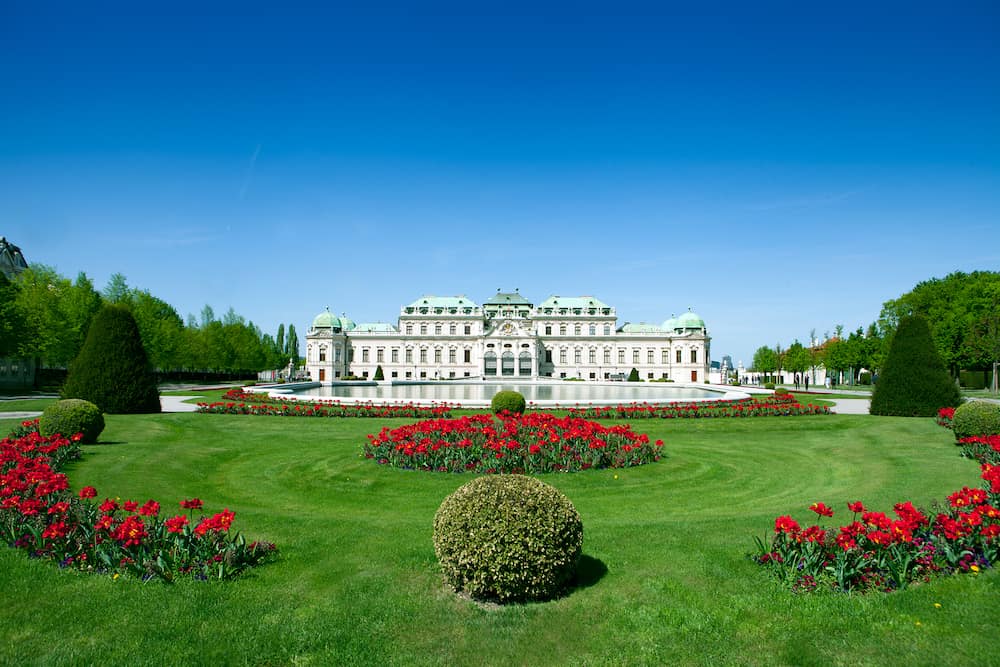 VIENNA, AUSTRIA - Belvedere Palace and garden in Vienna, Austria. historic building complex of Baroque palaces the Upper and Lower Belvedere park landscape. Belvedere museum.
