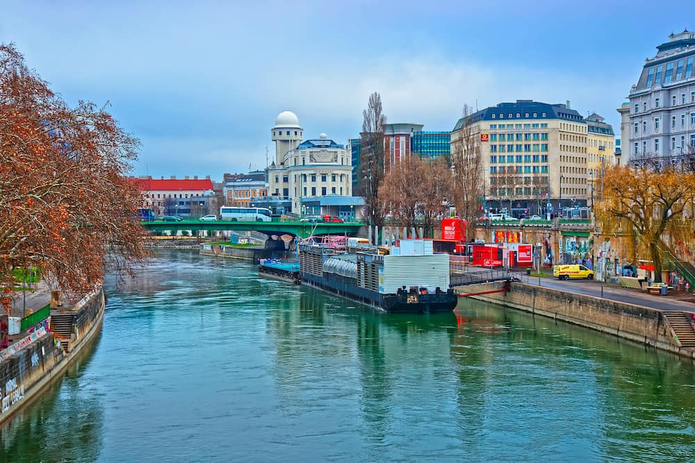Vienna, Austria - Water transport at Danube Canal in Leopoldstadt of Vienna in Austria.
