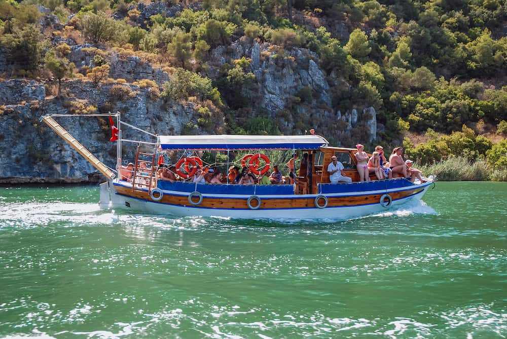 Dalyan, Turkey - Tourist boat on the River Dalyan near Dalyan town in Mugla Province