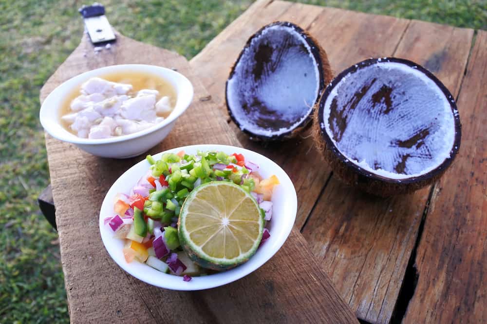 The tools and ingredients for making the Fijian Food Kokoda (Raw Fish Salad). Kokoda is Fiji's version of ceviche enriched with coconut milk to balance out all the acid.